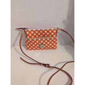 Dooney & Bourke Gingham Plaid Pouchette Crossbody Orange/White Leather Canvas